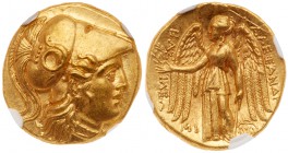 Macedonian Kingdom. Alexander III 'the Great'. Gold Stater (8.59 g), 336-323 BC. Babylon I, under Seleukos I, ca. 311-300 BC. Head of Athena right, we...