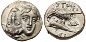 Moesia, Istros. Silver Drachm (5.51 g), 4th century BC. Facing male heads, the left inverted. Reverse: I&Sigma;TPIH, sea-eagle left, grasping dolphin ...