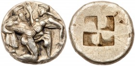 Islands off Thrace, Thasos. Silver Stater (7.65 g), ca. 480-463 BC. Satyr advancing right, carrying off protesting nymph. Reverse: Quadripartite incus...