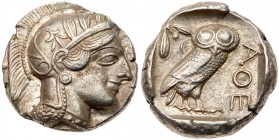 Attica, Athens. Silver Tetradrachm (17.20 g), ca. 454-404 BC. Helmeted head of Athena right, frontal eye. Reverse: A&Theta;E, owl standing right, head...