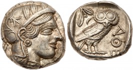 Attica, Athens. Silver Tetradrachm (17.23 g), ca. 454-404 BC. Helmeted head of Athena right, frontal eye. Reverse: A&Theta;E, owl standing right, head...