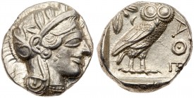 Attica, Athens. Silver Tetradrachm (17.17 g), ca. 454-404 BC. Helmeted head of Athena right, frontal eye. Reverse: A&Theta;E, owl standing right, head...