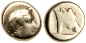 Lesbos, Mytilene. Electrum Hekte (2.42 g), ca. 454-428/7 BC. Laureate head of Apollo right. Reverse: Head of calf right within incuse square. Bodenste...
