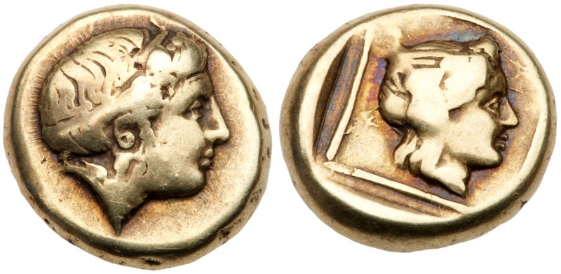 Lesbos, Mytilene. Electrum Hekte (2.49 g), ca. 412-378 BC. Diademed head of Io r...