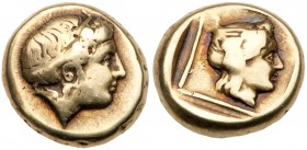 Lesbos, Mytilene. Electrum Hekte (2.49 g), ca. 412-378 BC. Diademed head of Io right. Reverse: Wreathed head of Dionysos Deuteros right within linear ...