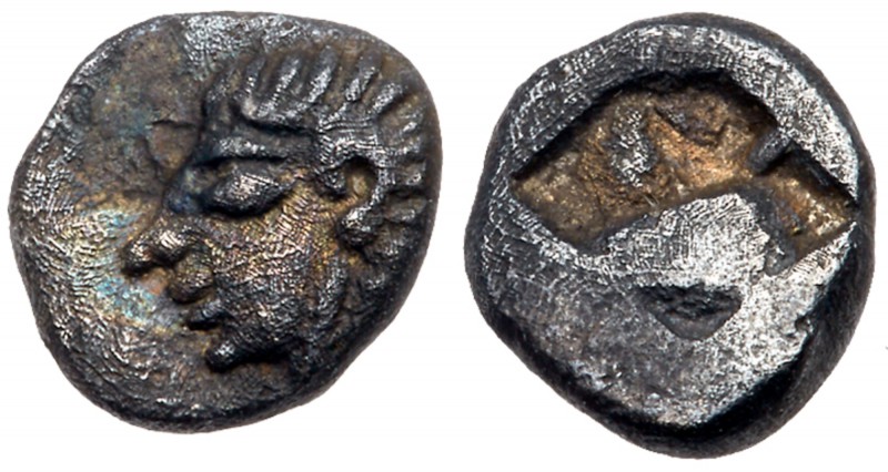 Ionia, Kolophon. Silver Hemiobol (0.44 g), ca. 530/25-500 BC. Archaic head of Ap...