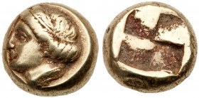 Ionia, Phokaia. Electrum Hekte (2.55 g), ca. 478-387 BC. Youthful female head left, hair in band. Reverse: Quadripartite incuse square. Bodenstedt 90;...