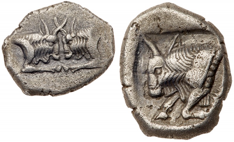 Caria, Uncertain mint. Silver Diobol (2.14 g), 5th century BC. Confronted forepa...