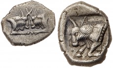 Caria, Uncertain mint. Silver Diobol (2.14 g), 5th century BC. Confronted foreparts of two bulls. Reverse: Forepart of bull left within incuse square....
