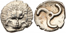 Lycian Dynasts. Perikles. Silver 1/3 Stater (2.63 g), ca. 380-360 BC. Facing lion's scalp. Reverse: Triskeles. Falghera 217; SNG Copenhagen -; SNG von...
