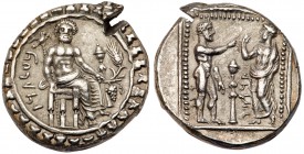 Cilicia, Tarsos. Datames. Silver Stater (10.75 g), Satrap, 384-361/0 BC. Struck ca. 378-372 BC. 'BLTRZ', Baaltars seated right, torso facing, holding ...