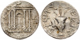 Judaea. Bar Kokhba Revolt. Silver Sela (14.53 g). Year Two. (133/4 CE). 'Simon' (Paleo-Hebrew), tetrastyle facade of the Temple of Jerusalem; show bre...