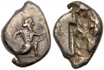 Achaemenid Kingdom. Artaxerxes II to Artaxerxes III. Silver Siglos (5.52 g), ca. 375-340 BC. Persian king in kneeling-running stance right, holding da...