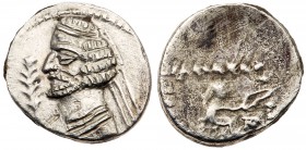 Parthian Kingdom. Orodes II. Silver Diobol (1.03 g), 57-38 BC. Ekbatana. Diademed bust of Orodes II left, wart on forehead, neck torque ends in pellet...