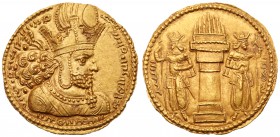 Sasanian Kingdom. Shapur I. Gold Dinar (7.34 g), AD 240-272. Mint I ('Ctesiphon'). Bust of Shapur I right, wearing diadem and mural crown with korymbo...