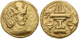Sasanian Kingdom. Shapur II. Gold Dinar (7.18 g), AD 309-379. Sind. Bust of Shapur II right, wearing mural crown with korymbos; star to right erased f...