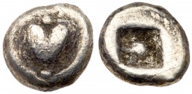 Kyrenaica, Kyrene. Silver Obol (0.73 g), ca. 510-490 BC. Silphium fruit. Reverse: Incuse square punch. Cf. Buttrey 49-51 (incuse); SNG Copenhagen -. R...