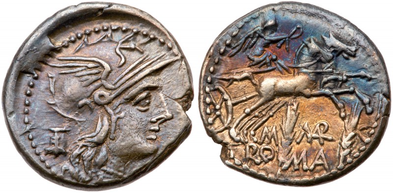 M. Marcius Mn.f. Silver Denarius (3.80 g), 134 BC. Rome. Helmeted head of Roma r...
