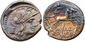 M. Marcius Mn.f. Silver Denarius (3.80 g), 134 BC. Rome. Helmeted head of Roma right; behind, modius; beneath chin, denominaion. Reverse: Victory, hol...