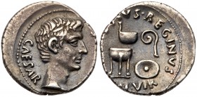 Augustus. Silver Denarius (3.84 g), 27 BC-AD 14. Rome, 13 BC. C. Antistius Reginus, moneyer. CAESAR [AVGVSTVS], bare head of Augustus right. Reverse: ...