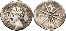 Augustus. Silver Denarius (3.55 g), 27 BC-AD 14. Uncertain Spanish mint (Colonia Caesaraugusta?), ca. 19/8 BC. Head of Augustus left, wearing oak wrea...