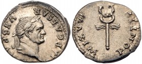 Vespasian. Silver Denarius (3.29 g), AD 69-79. Rome, AD 74. IMP CAESAR VESP AVG, laureate head of Vespasian right. Reverse: PONTIF MAXIM, winged caduc...