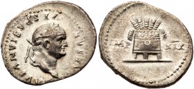 Vespasian. Silver Denarius (3.25 g), AD 69-79. Rome, AD 77/8. CAESAR VESPASIANVS AVG, laureate head of Vespasian right. Reverse: IMP XIX, modius with ...