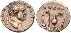 Vespasian. Silver Denarius (3.14 g), AD 69-79. Rome, AD 71. IMP CAES VE-SP AVG P M, laureate head of Vespasian right. Reverse: AVGVR TRI POT, emblems ...