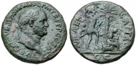 Vespasian. &AElig; Sestertius (22.19 g), AD 69-79. Judaea Capta issue. Rome, AD 71. IMP CAES VESPASIAN AVG P M TR P P P COS III, laureate head of Vesp...