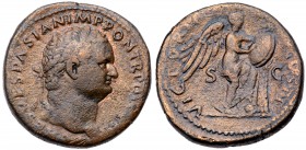 Titus. &AElig; Sestertius (25.67 g), as Caesar, AD 69-79. Judaea Capta issue. Rome, under Vespasian, AD 72. T CAES VESPASIAN IMP PON TR POT [COS II], ...