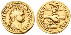 Domitian. Gold Aureus (7.14 g), as Caesar, AD 69-81. Rome, under Vespasian, AD 79. CAESAR AVG F DOMITIANVS COS VI, laureate head of Domitian right. Re...