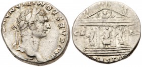 Domitian. Silver Tetradrachm (11.13 g), AD 81-96. Ephesus (or Rome), AD 82/3. Laureate head of Domitian right. Reverse: Temple of Jupiter Optimus Maxi...
