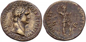 Domitian. &AElig; Dupondius (11.23 g), AD 81-96. Rome, AD 90/1. IMP CAES DOMIT AVG GERM COS XV CENS PER P P, radiate head of Domitian right. Reverse: ...