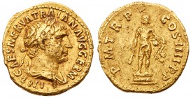 Trajan. Gold Aureus (7.31 g), AD 98-117. Rome. IMP CAES NERVA TRAIAN AVG GERM, laureate and draped bust of Trajan right. Reverse: P M TR P COS IIII P ...