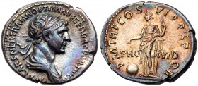 Trajan. Silver Denarius (3.29 g), AD 98-117. Rome, AD 116/7. IMP CAES NER TRAIAN OPTIM AVG GER DAC PARTHICO, laureate and draped bust of Trajan right....