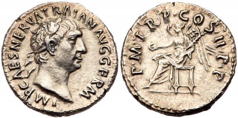 Trajan. Silver Denarius (3.18 g), AD 98-117. Rome, AD 98/9. IMP CAES NERVA TRAIA...