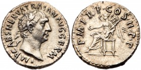 Trajan. Silver Denarius (3.18 g), AD 98-117. Rome, AD 98/9. IMP CAES NERVA TRAIAN AVG GERM, laureate head of Trajan right. Reverse: P M TR P COS II P ...