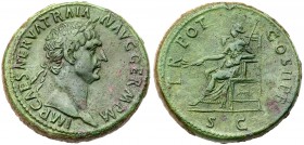 Trajan. &AElig; Sestertius (26.35 g), AD 98-117. Rome, AD 98/9. Laureate head of Trajan right. Reverse: Pax seated left, holding branch and scepter. R...