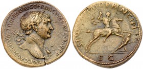 Trajan. &AElig; Sestertius (26.20 g), AD 98-117. Rome, ca. AD 103. Laureate bust of Trajan right, wearing aegis. Reverse: Emperor on horseback riding ...