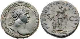 Trajan. &AElig; Sestertius (28.39 g), AD 98-117. Rome, ca. AD 103. Laureate head of Trajan right. Reverse: ALIM ITAL in exergue, Abundantia standing f...