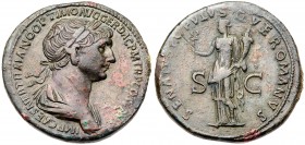 Trajan. &AElig; Sestertius (28.06 g), AD 98-117. Rome, AD 114-116. Laureate and draped bust of Trajan right. Reverse: Felicitas standing facing, head ...