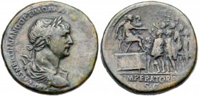 Trajan. &AElig; Sestertius (27.16 g), AD 98-117. Rome, AD 114-117. Laureate and draped bust of Trajan right. Reverse: Emperor seated right on platform...