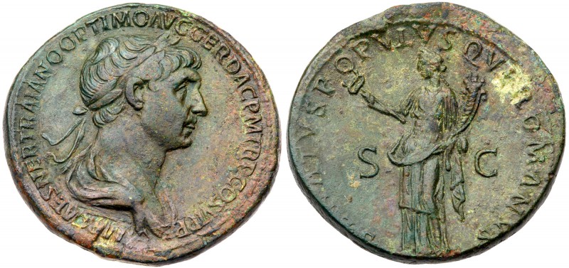 Trajan. &AElig; Sestertius (25.02 g), AD 98-117. Rome, ca. AD 115/6. Laureate an...