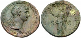 Trajan. &AElig; Sestertius (25.02 g), AD 98-117. Rome, ca. AD 115/6. Laureate and draped bust of Trajan right. Reverse: Felicitas standing facing, hea...