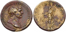 Trajan. &AElig; Sestertius (26.33 g), AD 98-117. Rome, AD 106/7. Laureate bust of Trajan right, slight drapery on far shoulder. Reverse: Aequitas stan...