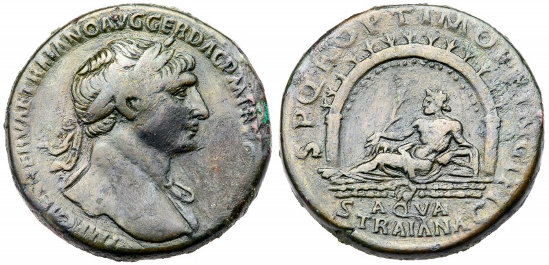 Trajan. &AElig; Sestertius (23.62 g), AD 98-117. Rome, AD 111. Laureate bust of ...