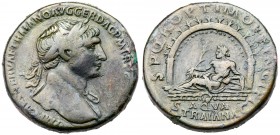 Trajan. &AElig; Sestertius (23.62 g), AD 98-117. Rome, AD 111. Laureate bust of Trajan right, slight drapery on far shoulder. Reverse: AQVA TRAIANA, t...
