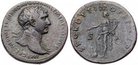 Trajan. &AElig; Sestertius (24.01 g), AD 98-117. Rome, ca. AD 103. Laureate bust of Trajan right, wearing aegis. Reverse: Pax standing left, foot set ...