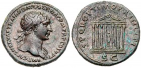 Trajan. &AElig; As (11.58 g), AD 98-117. Rome, AD 107/8. Laureate bust of Trajan right, slight drapery on far shoulder. Reverse: Octastyle temple: on ...