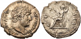 Hadrian. Silver Denarius (3.31 g), AD 117-138. Rome, ca. AD 134-138. HADRIANVS AVGVSTVS, laureate bust of Hadrian right, slight drapery on far shoulde...